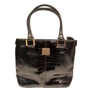ANNE KLEIN Black Faux Reptile Print Patent Leather Zip Top Purse